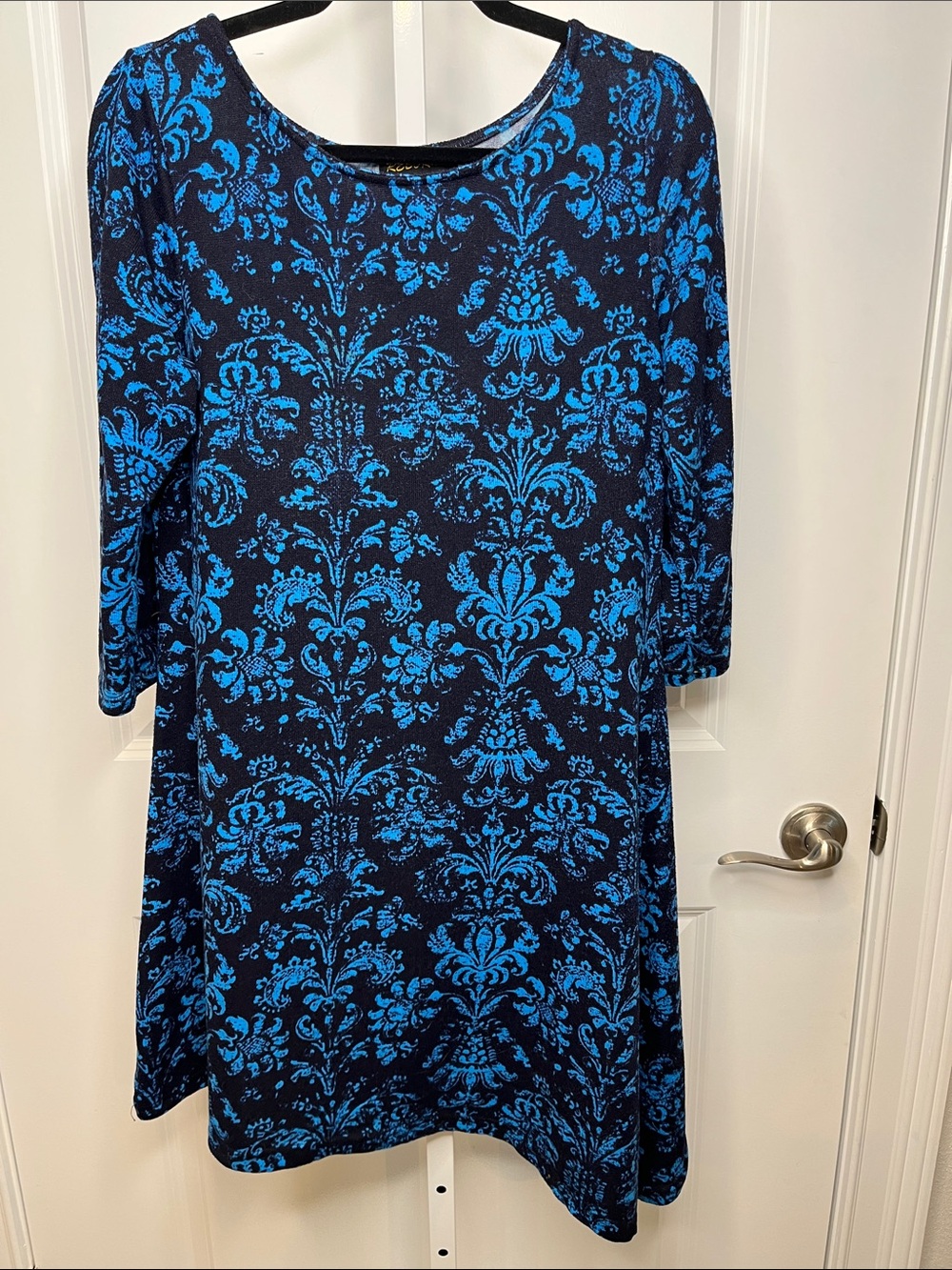 Reborn Navy and Bright Blue Damask Midi Sweater Dress Large